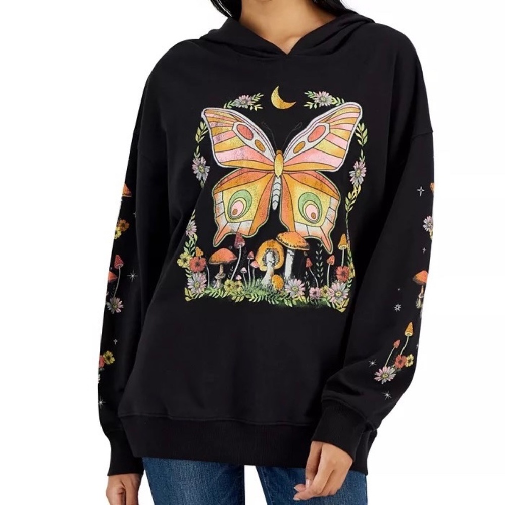 Rebellious One Butterfly Graphic Long-Sleeve Hoodie Pullover, XS, Black NWT